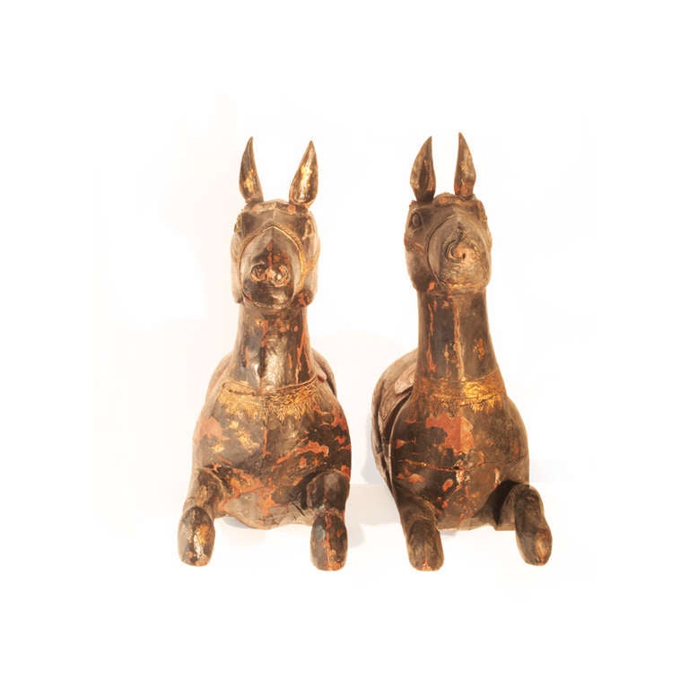 Carved Pair of Polychrome Painted Wood Mules For Sale