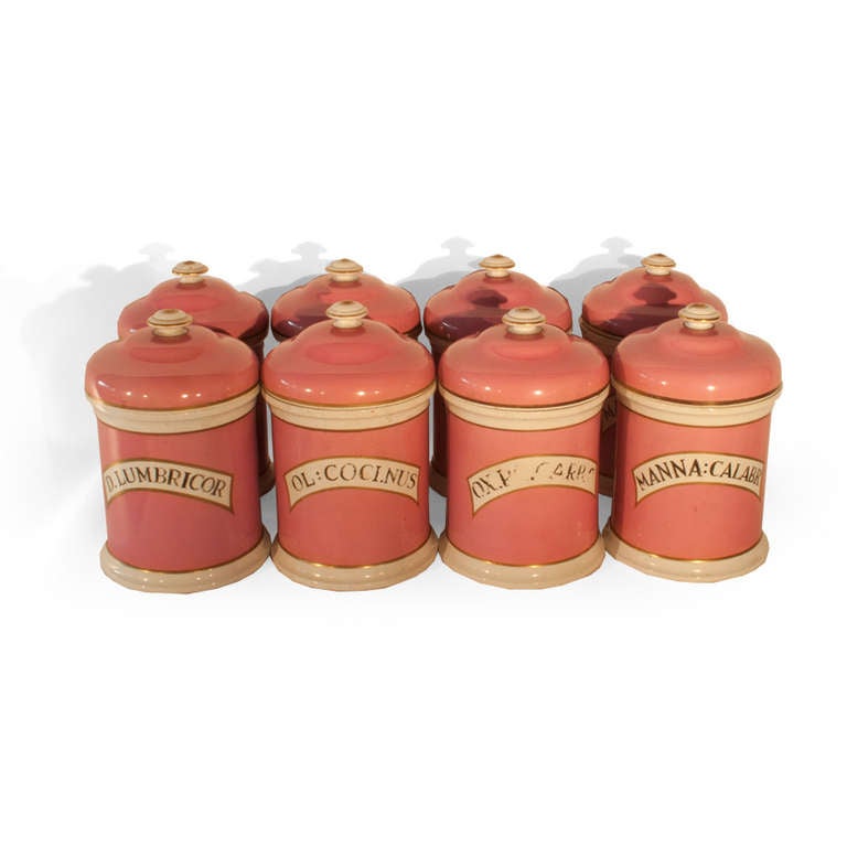 Set of Eight Apothecary Jars with Original Ceramic Inner Liners and Lids