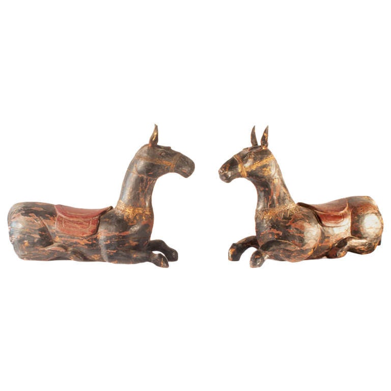 Pair of Polychrome Painted Wood Mules For Sale