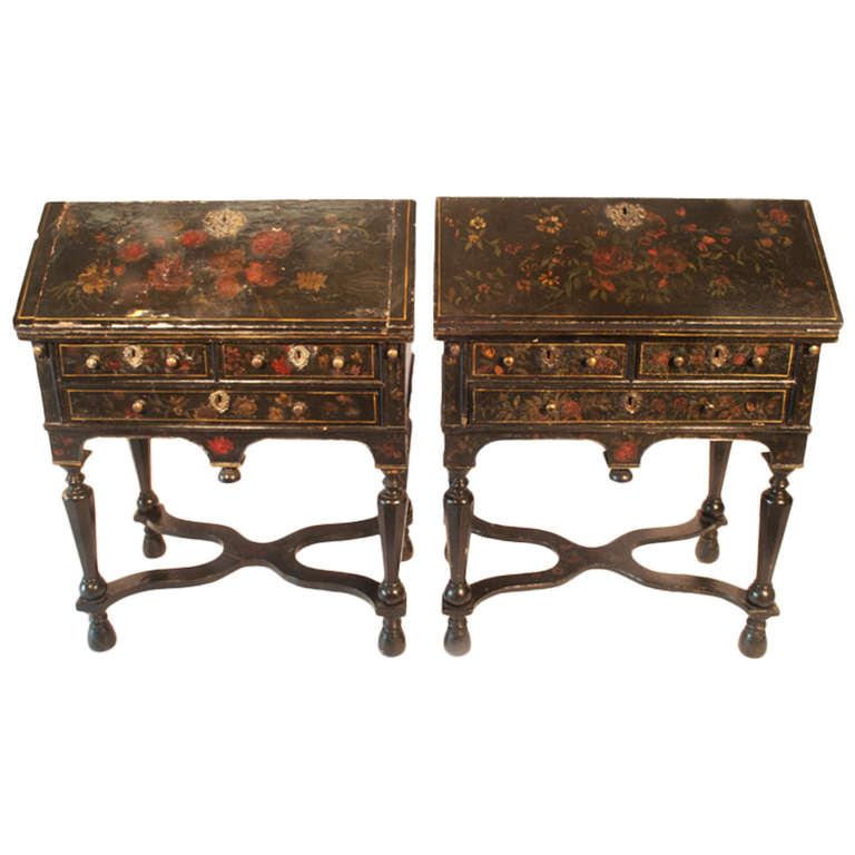 A pair of English black and polychrome-painted bureaux For Sale