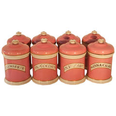 Antique Set of Eight Apothecary Jars with Original Ceramic Inner Liners and Lids