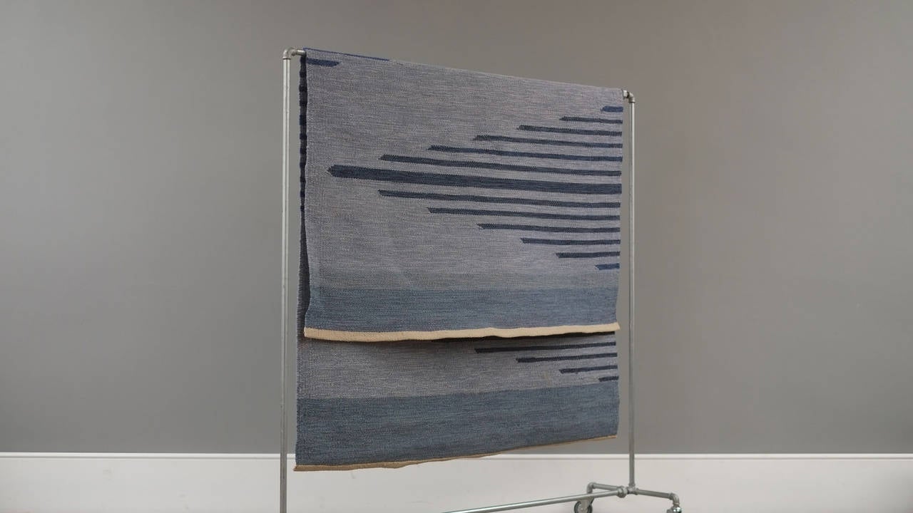 Woven Vintage Swedish Scandinavian Modern Geometric Blue Flat-Weave Rug 20th Century