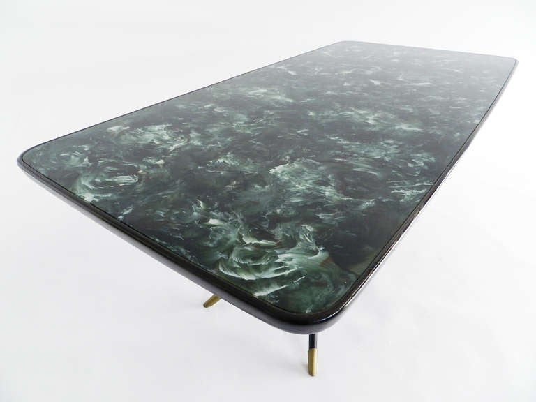 Mid-Century Modern Desk or Dining Table with a Reverse-Painted Glass