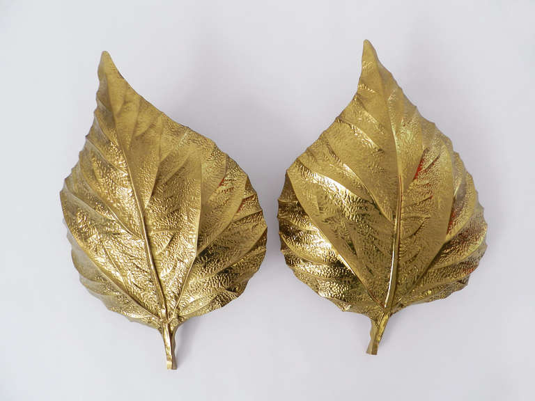 Catchy pair of large Tommaso Barbi leaf sconces made of hammered brass.