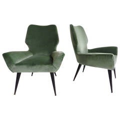 Pair of super elegant Room Armchairs in sage green velvet