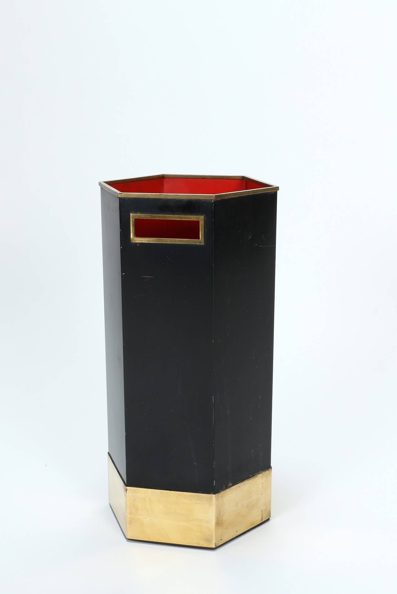Very unique and rare Italian umbrella stand by Velca Legnano, Italy, 1950s. Stunning red interior, solid brass parts! High quality workmanship, stamped with Velca Legnano on bottom.