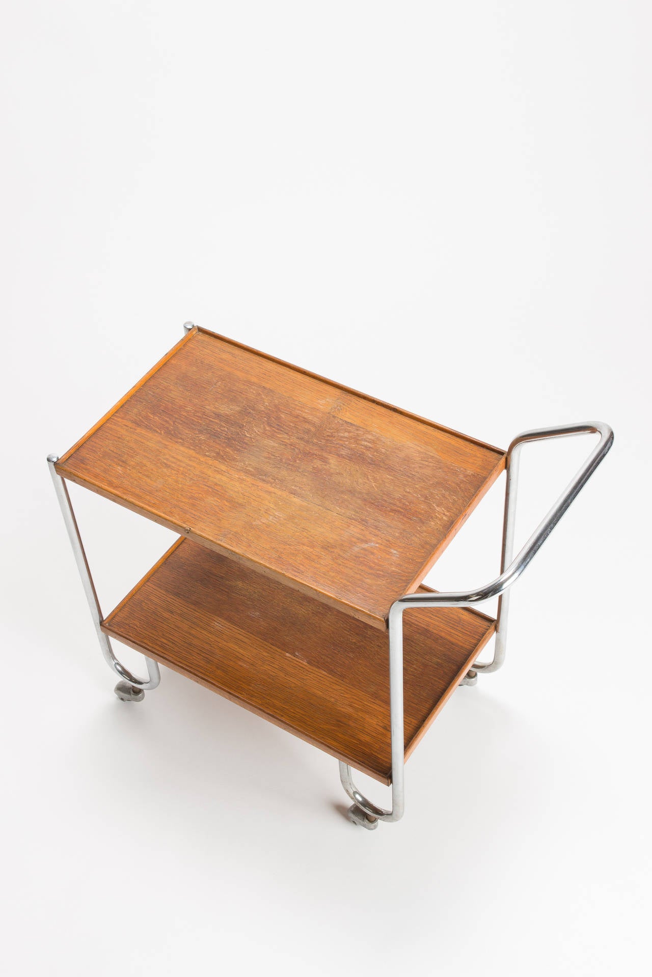 Oak Bauhaus Serving Trolley Bar Cart Steel Tube, 1930s For Sale