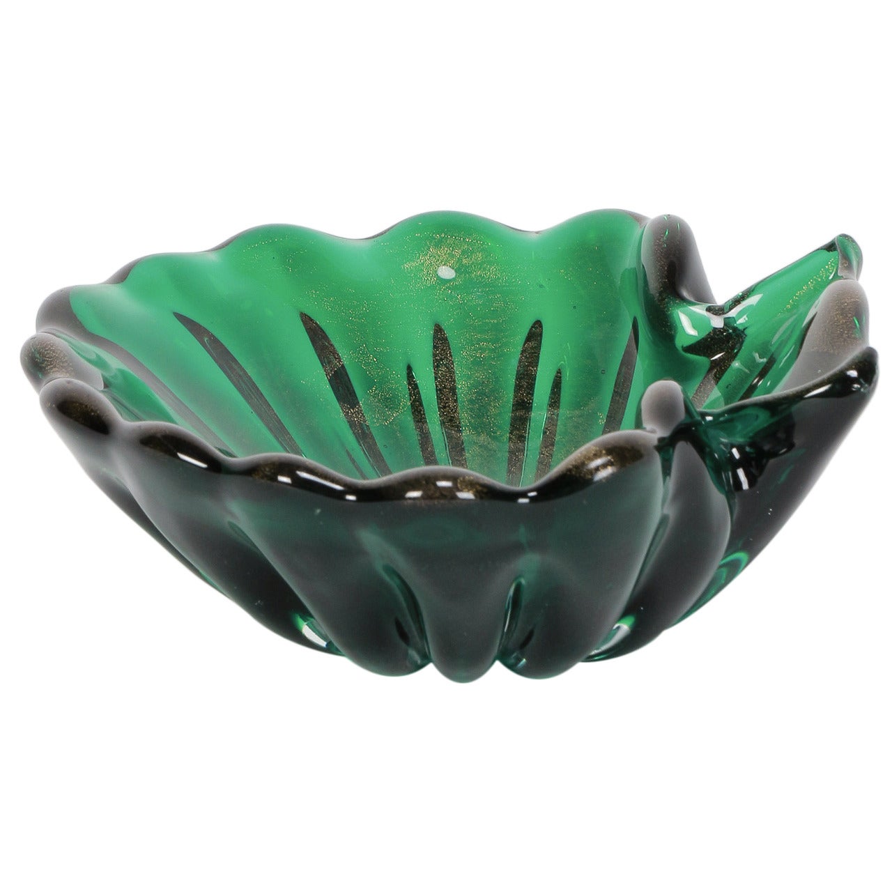 Green Gold Italian Murano Shell Bowl in the style of Barovier & Toso, 1960s For Sale