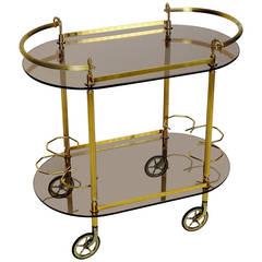 Elegant French Brass and Smoked Glass Bar Cart, 1970s