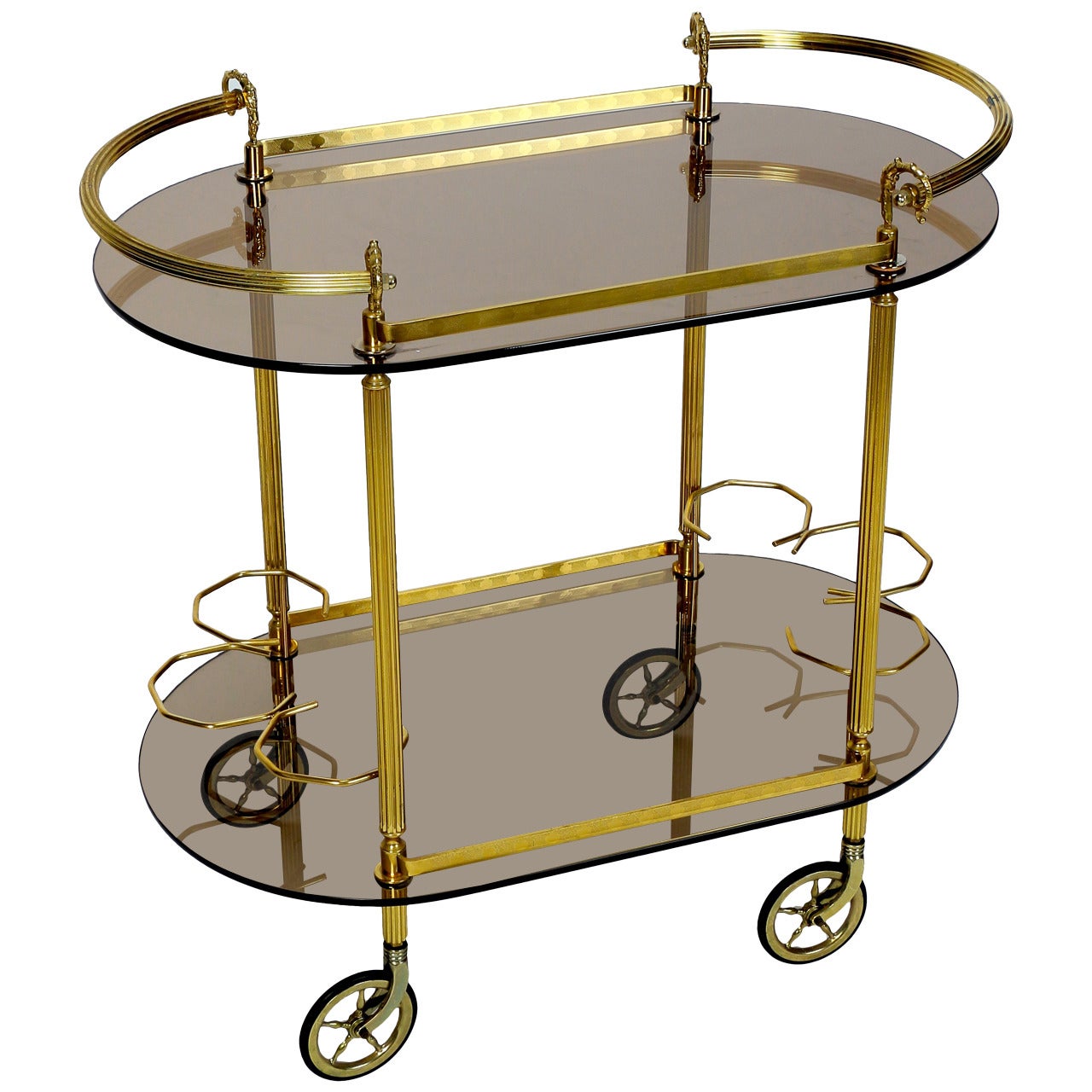 Elegant French Brass and Smoked Glass Bar Cart, 1970s For Sale