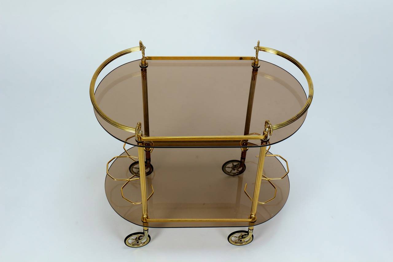 Elegant French Brass and Smoked Glass Bar Cart, 1970s In Excellent Condition For Sale In Basel, CH