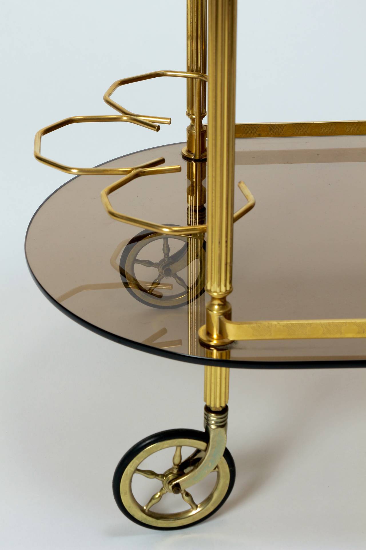 Elegant French Brass and Smoked Glass Bar Cart, 1970s For Sale 2