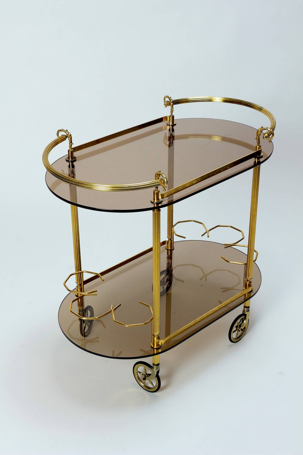 Mid-Century Modern Elegant French Brass and Smoked Glass Bar Cart, 1970s For Sale