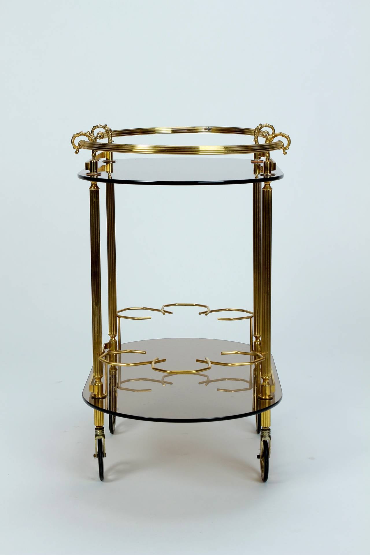 Elegant French Brass and Smoked Glass Bar Cart, 1970s For Sale 1