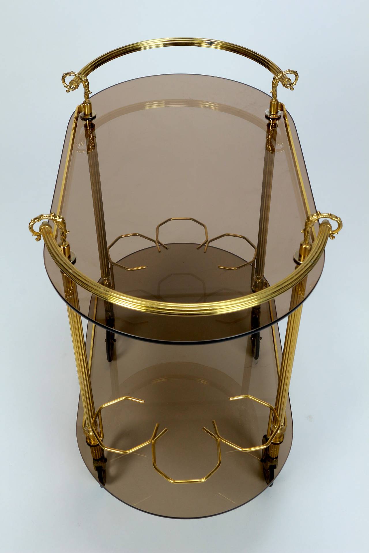 Late 20th Century Elegant French Brass and Smoked Glass Bar Cart, 1970s For Sale