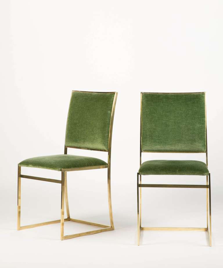 Elegant and very comfortable chairs in brass and velvet cover. Attr. to  Willy Rizzo, Italy 1970.
