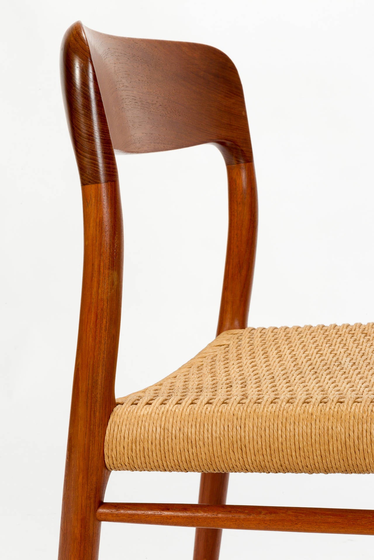 Mid-20th Century Eight Danish Dining Chairs Model 75 by Niels Moller in Teak and Papercord