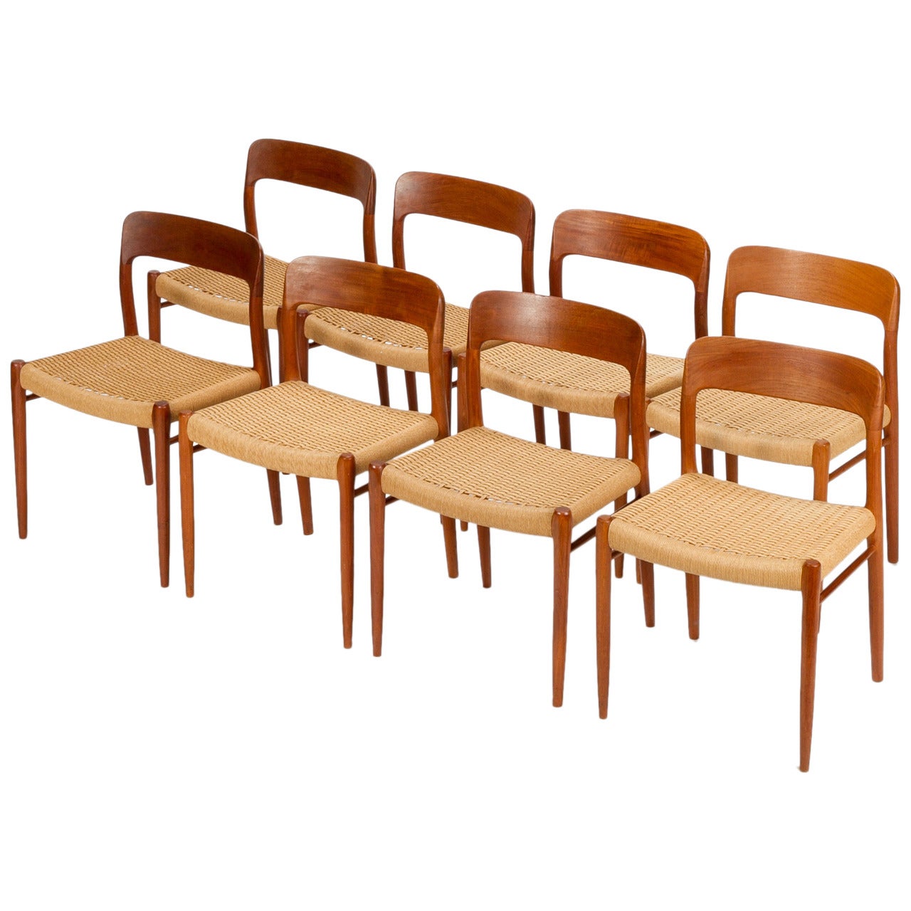 Eight Danish Dining Chairs Model 75 by Niels Moller in Teak and Papercord