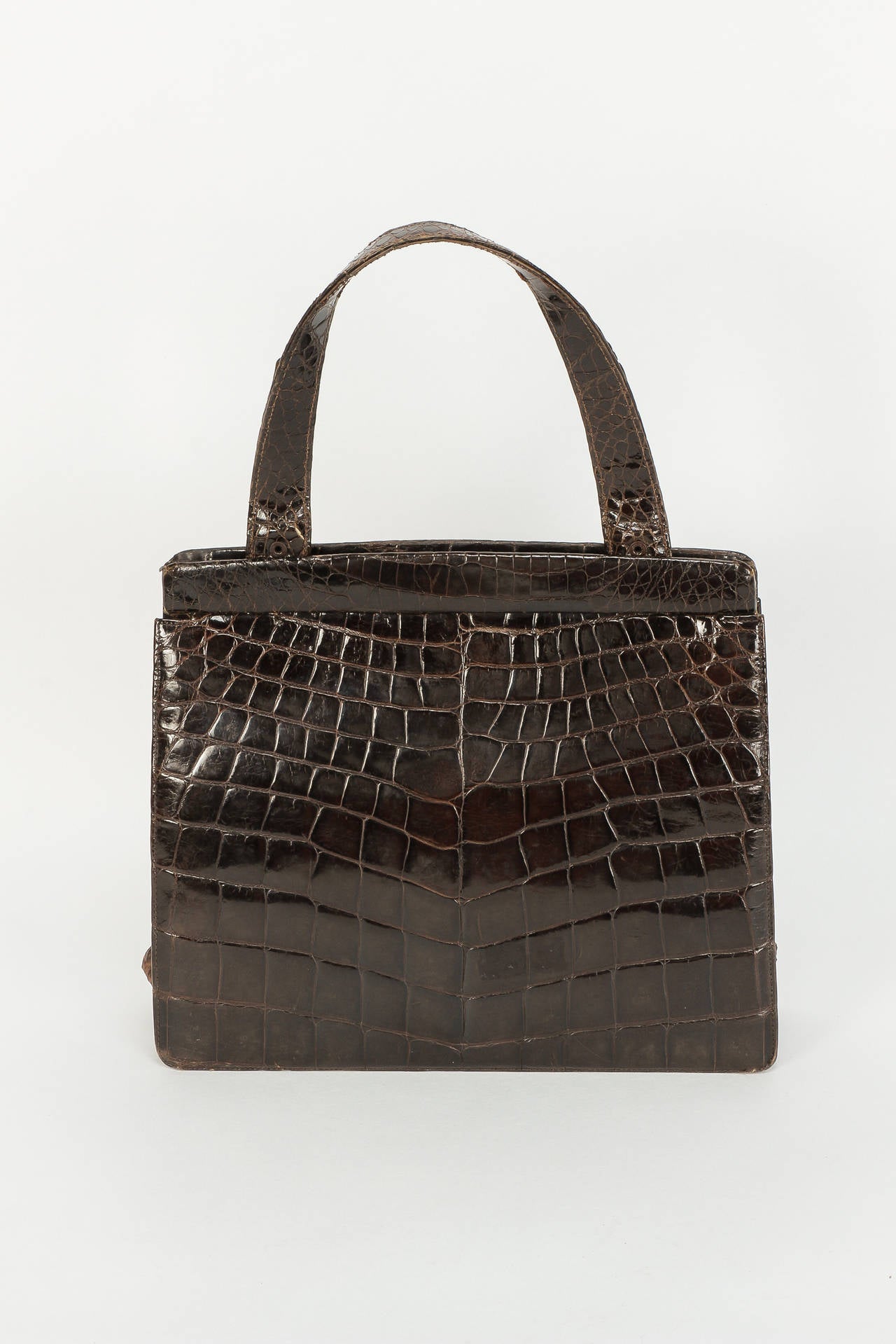 Mid-Century Modern Real Alligator Leather Handbag Purse, 1940s For Sale