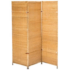raffia screen French Woven Raffia and Leather Straps Room Divider Screen 1940s