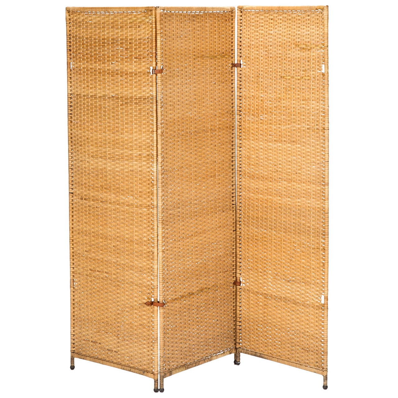 French Woven Raffia and Leather Straps Room Divider Screen 1940s