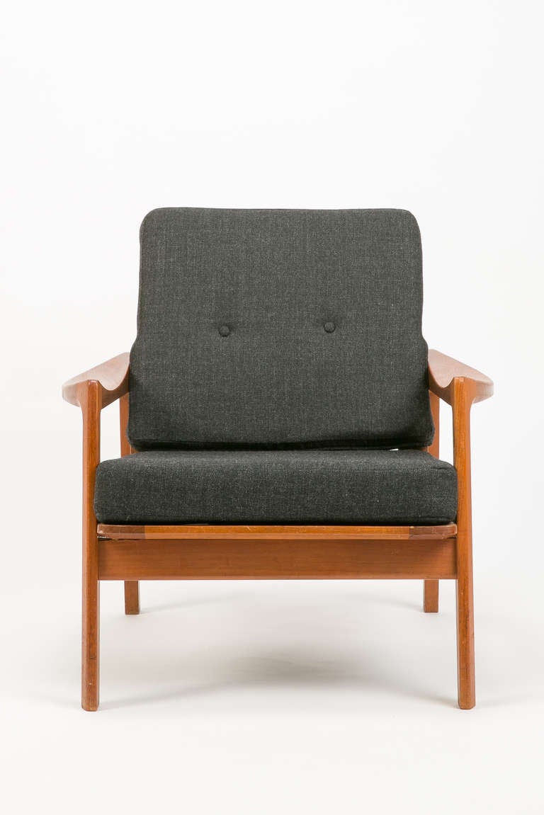 Pair of Easy Chairs designed by Tove & Edvard Kindt-Larsen in 1955, made in Norway, 1960's for Gustav Bahus. They were recently new covered with a fine flannel fabric, new belts.