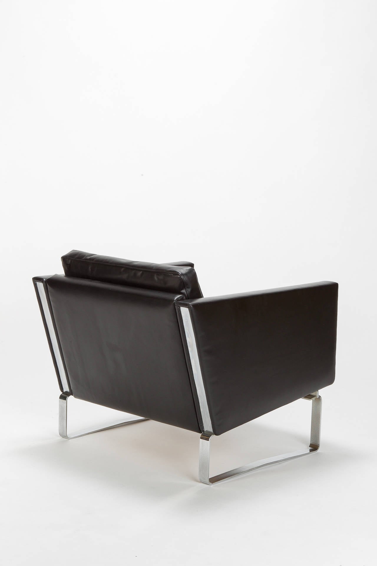 Danish Leather and Steel Lounge Chair JH-801 by Hans Wegner for Johannes Hansen, 1970s