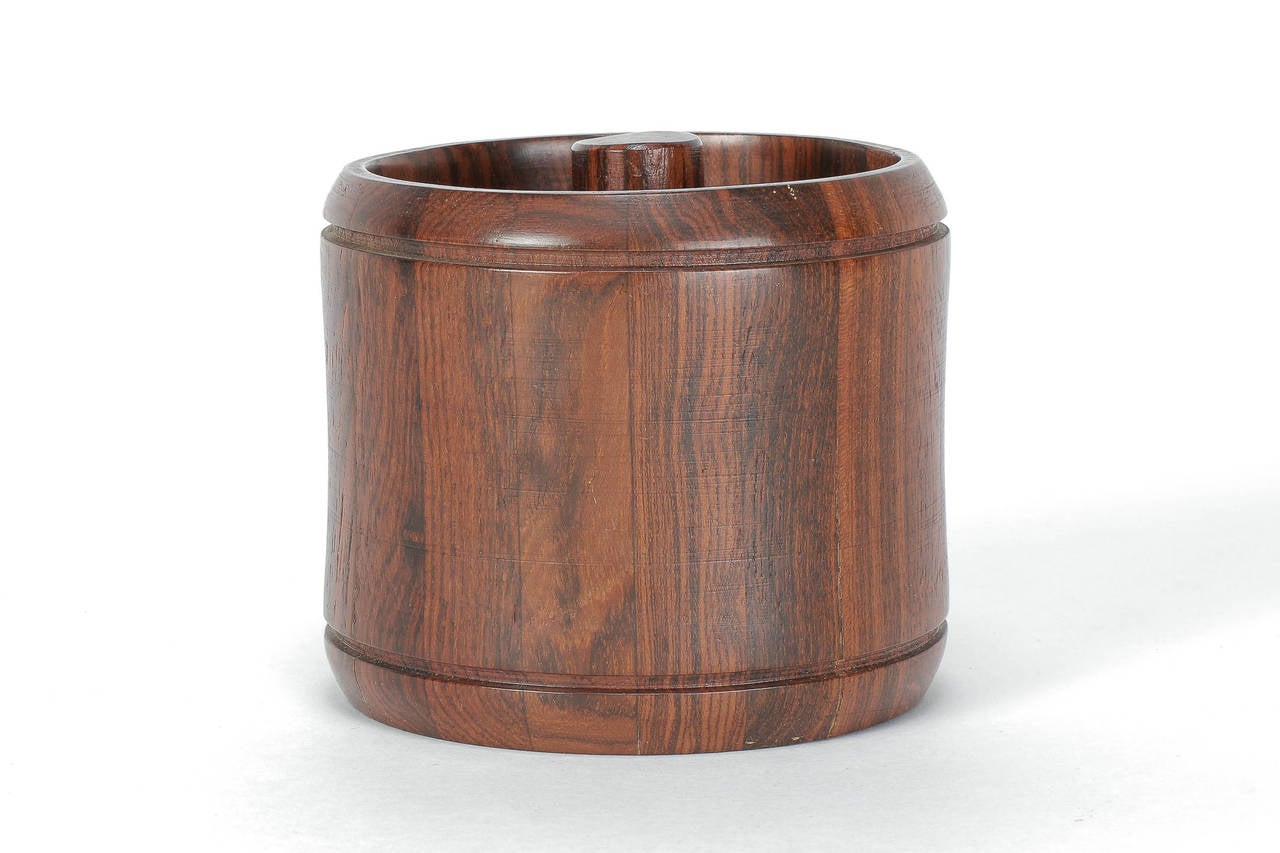 Beautiful tobacco pot by Jean Gillon, Brazil, 1960s. Wonderful grained jacaranda wood. A great and Classic piece by the Brazilian furniture designer for Italma, original sticker to underside.