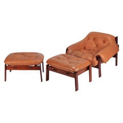 Brazilian Leather Lounge Chair and Ottomans by Percival Lafer