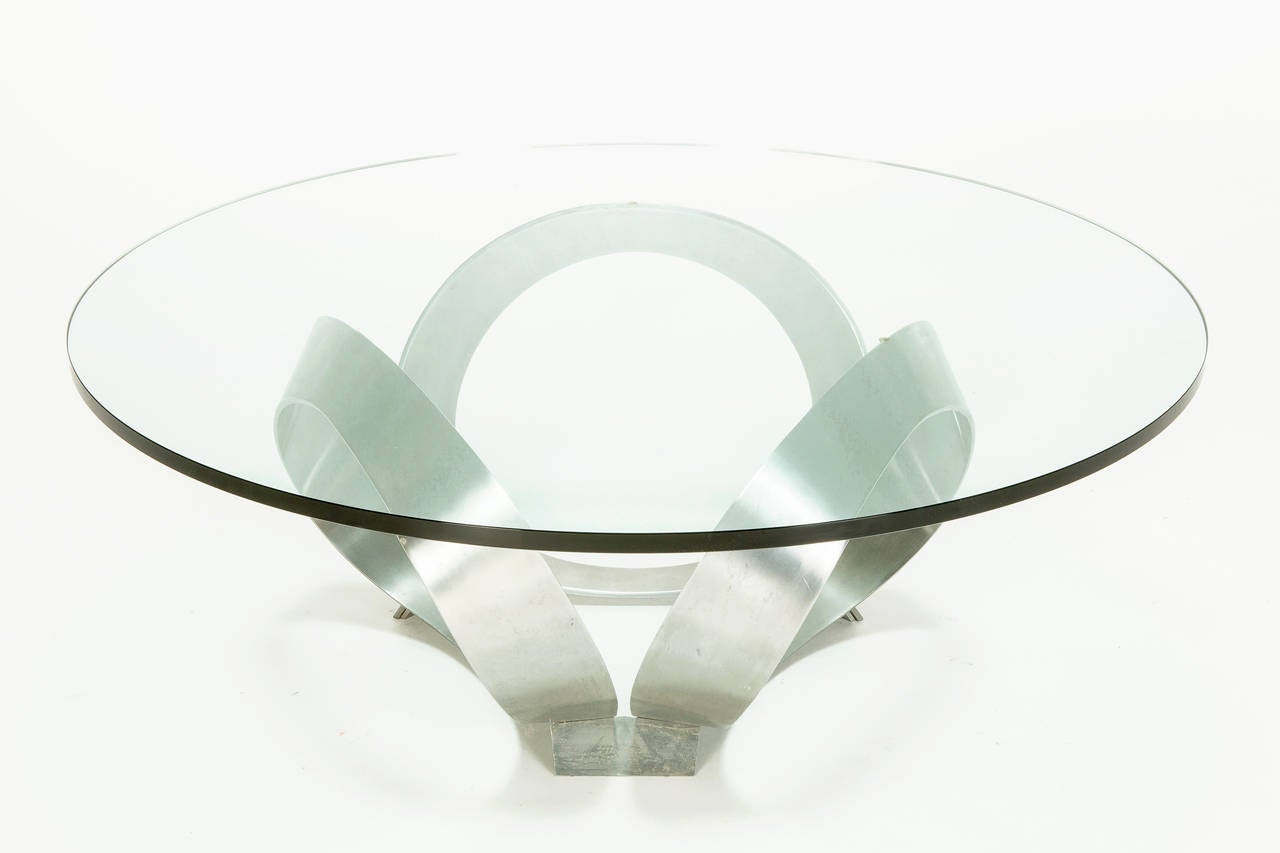 Glass coffee table Diamond by Knut Hesterberg for Ronald Schmitt, Germany, 1970s. Brushed aluminum base with a new heavy glass top
