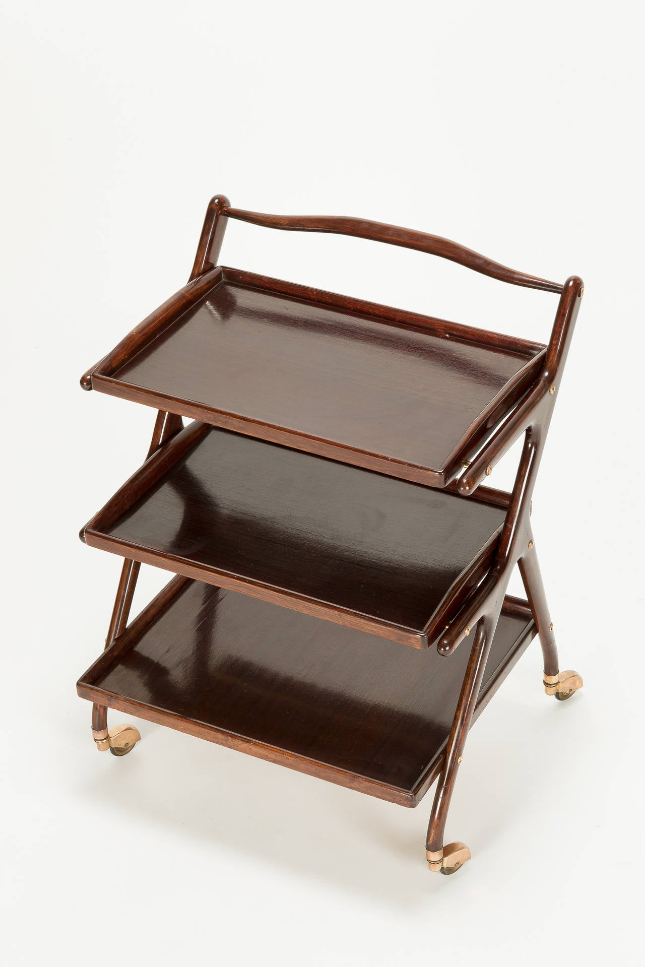 Brass Italian Mahogany Serving Trolley by Cesare Lacca, 1950s