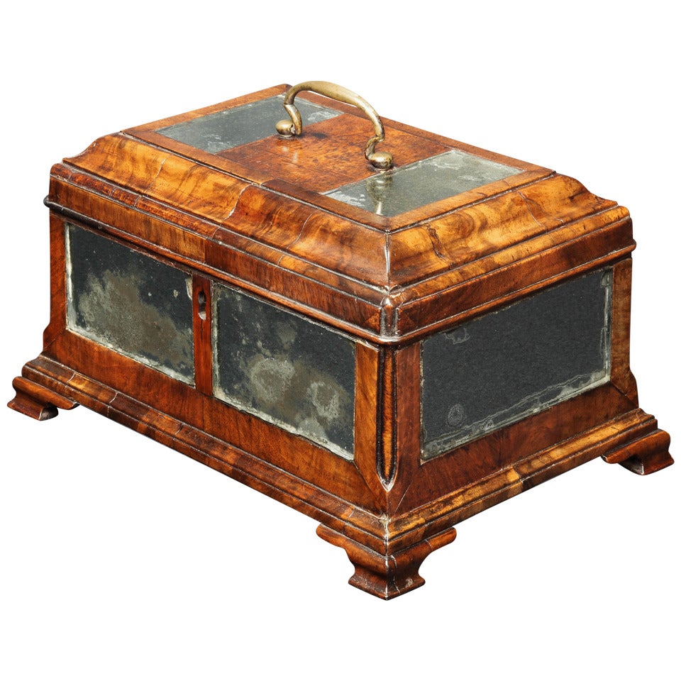 18th Century Figured Walnut and Mirrored Panel Tea Caddy For Sale