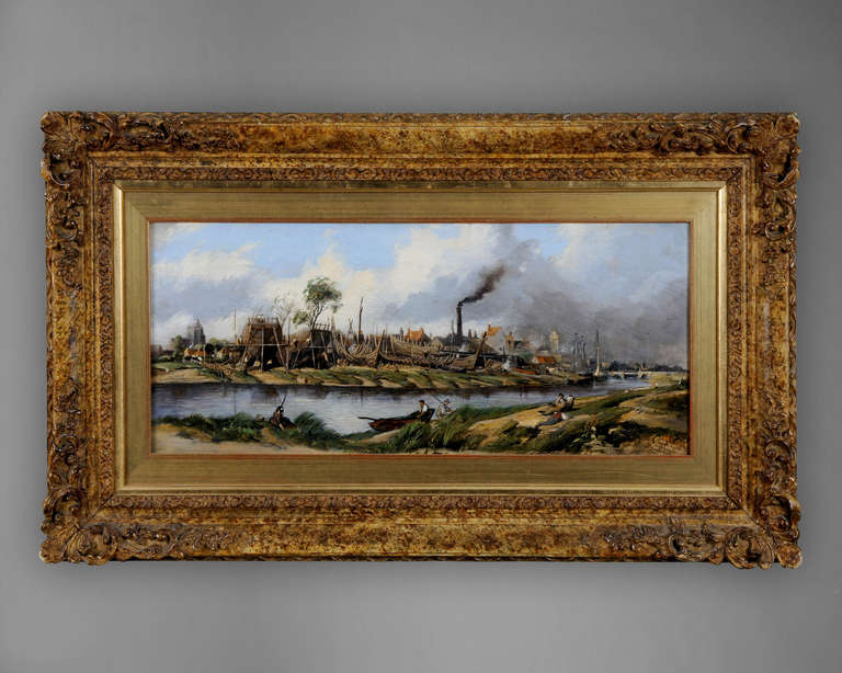 A most interesting 19th century oil painting on canvas, “Shipbuilding by a River” reputedly a scene of Felixstowe, East Anglia but after further research and input by valued clients it is now believed to be of Boston Stump from the Witham,