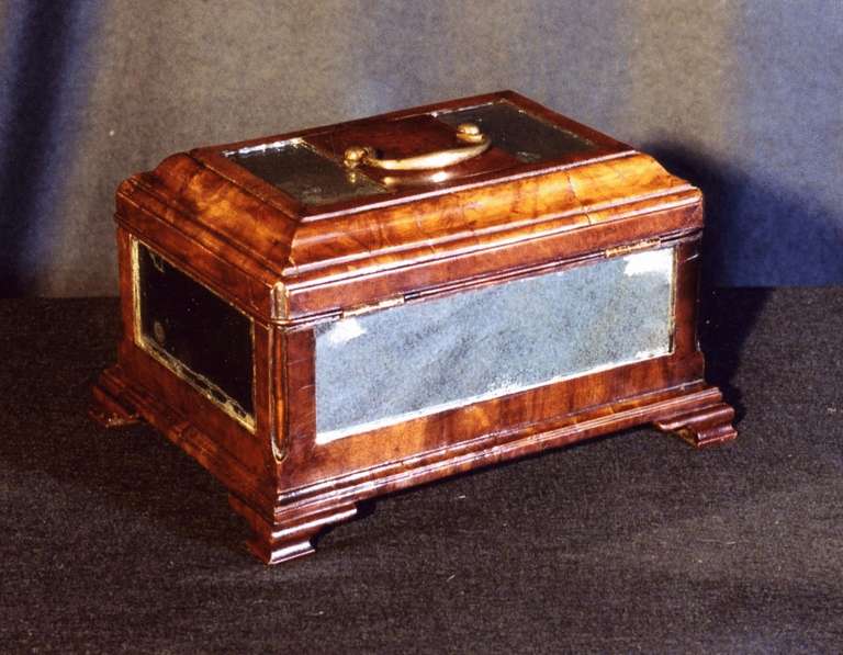 18th Century and Earlier 18th Century Figured Walnut and Mirrored Panel Tea Caddy For Sale