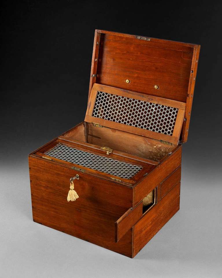 Gamecocks Box

Dating from the end of the 18th. Century this Gamecocks Carrying Case consists of a rectangular box in mahogany with a hinged top and brass handle, the top with air holes all round to the frieze and opening on two compartments with