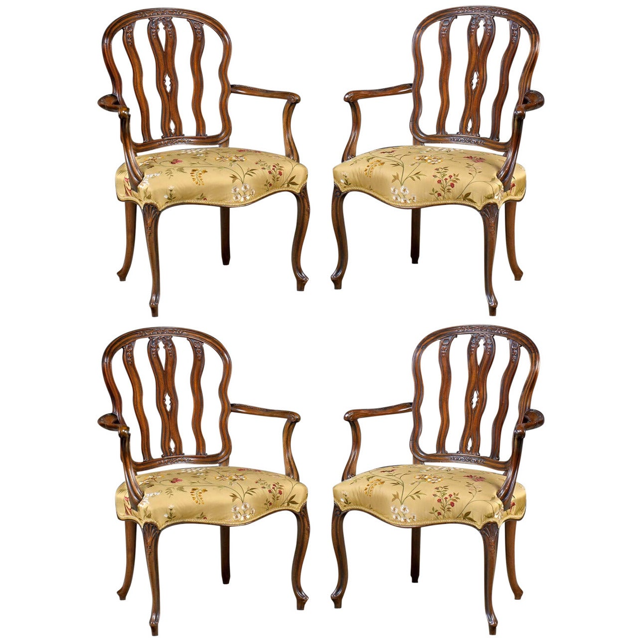 Important Set of Four Hepplewhite Period Mahogany Salon Armchairs