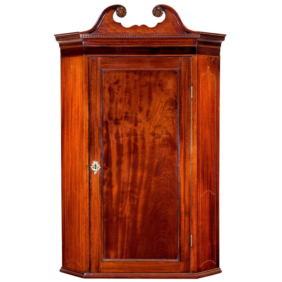 George III Period Mahogany and Inlaid Hanging Corner Cabinet For Sale