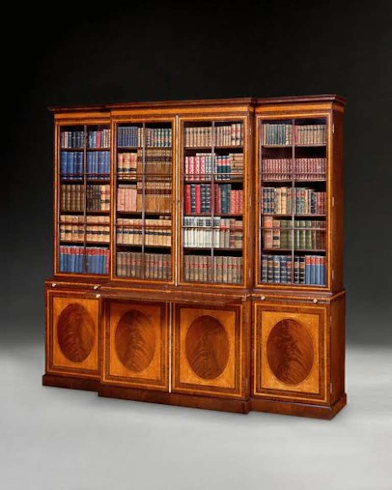 George III Period Satinwood, Kingwood and Mahogany Library Breakfront Bookcase