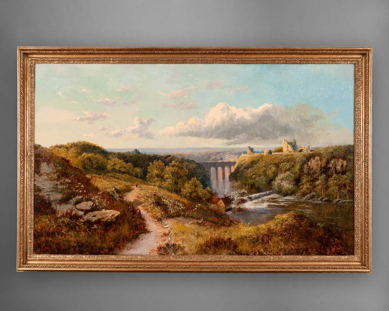 A superb oil on canvas landscape by Edmund John Niemann Jr of a Castle Ruins above a River Gorge and Aquaduct with a Shepherd and Sheep to the left above a rocky outcrop, one rock signed “Neimann” He flourished between 1844 and 1872 specialising in