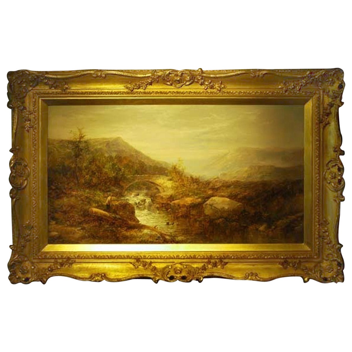“Angler on the Bank of a Mountain River, with a Bridge and Mountains Beyond” For Sale