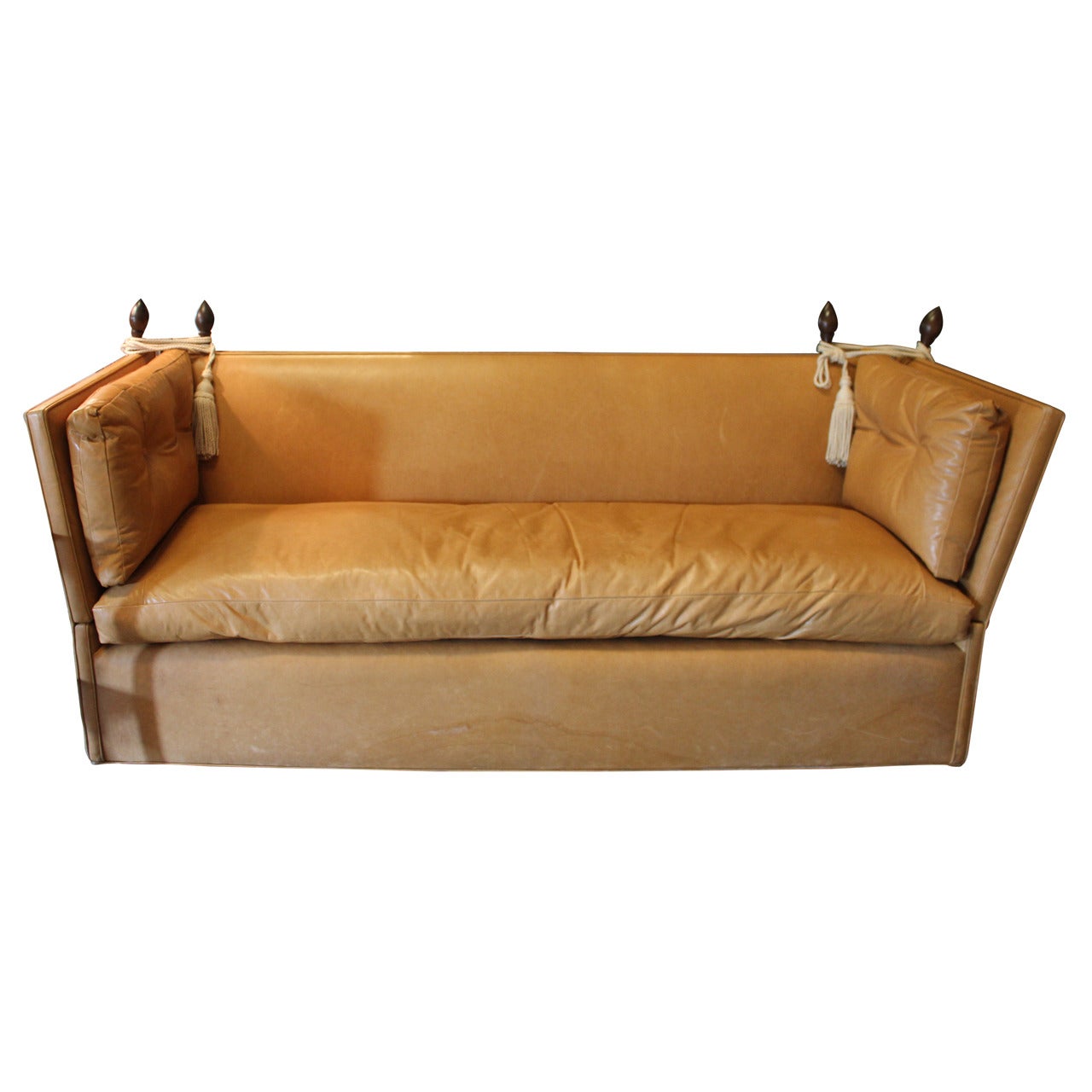 Knole Style Cognac Leather High Back Sofa For Sale