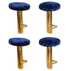 Karl Springer Style Rare Heavy Polished Brass Tilted Bar Stools, Set of Four