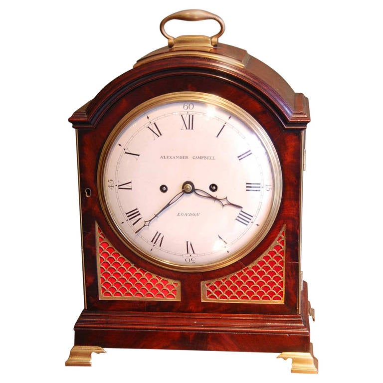 A very good George III mahogany bracket clock by Alexander Campbell, London.The twin fusee, pull repeat, 8 day movement with original verge escapement, striking the hours on a bell. The case with broken arch form, with circular painted dial, with