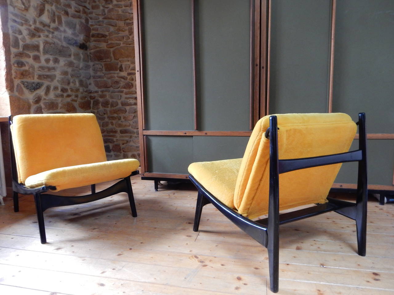 Wood Joseph Andre Motte Pair of Armchairs for Steiner