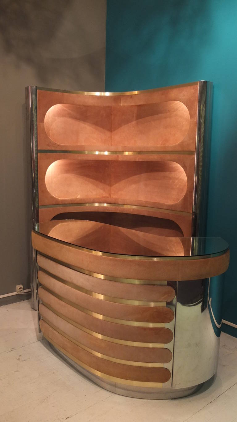 1970 magnificent chromium and leather bar. Including refrigerator seat and light in very good condition.