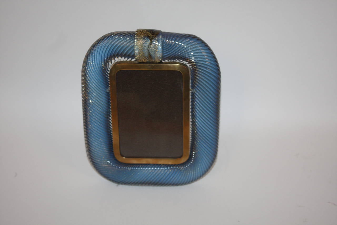 Twisted blue glass and brass picture frame 1950's Italian signed by Tommaso Barbi
