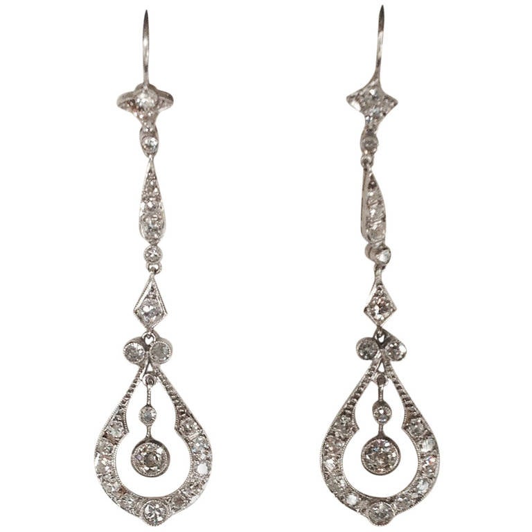 Art Deco Long Dangle Platinum Diamond Drop Earrings
