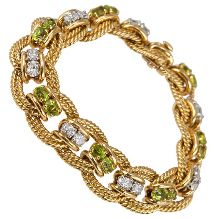 Peridot and Diamond Gold Link Bracelet For Sale