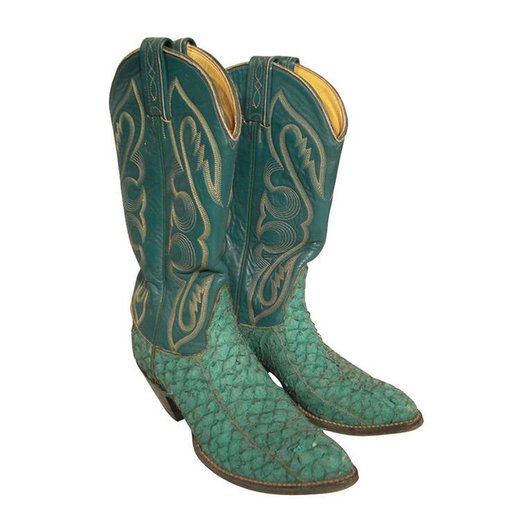 1980s Tony Lama Kelly Green Snake Skin Western Boot w/ Stitched Upper