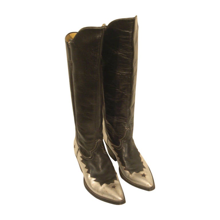 1980s Black Leather Western Riding Boot w/ Silver Leather Embellishment